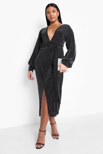 Plus Metallic Plunge Tie Waist Midi Dress silver