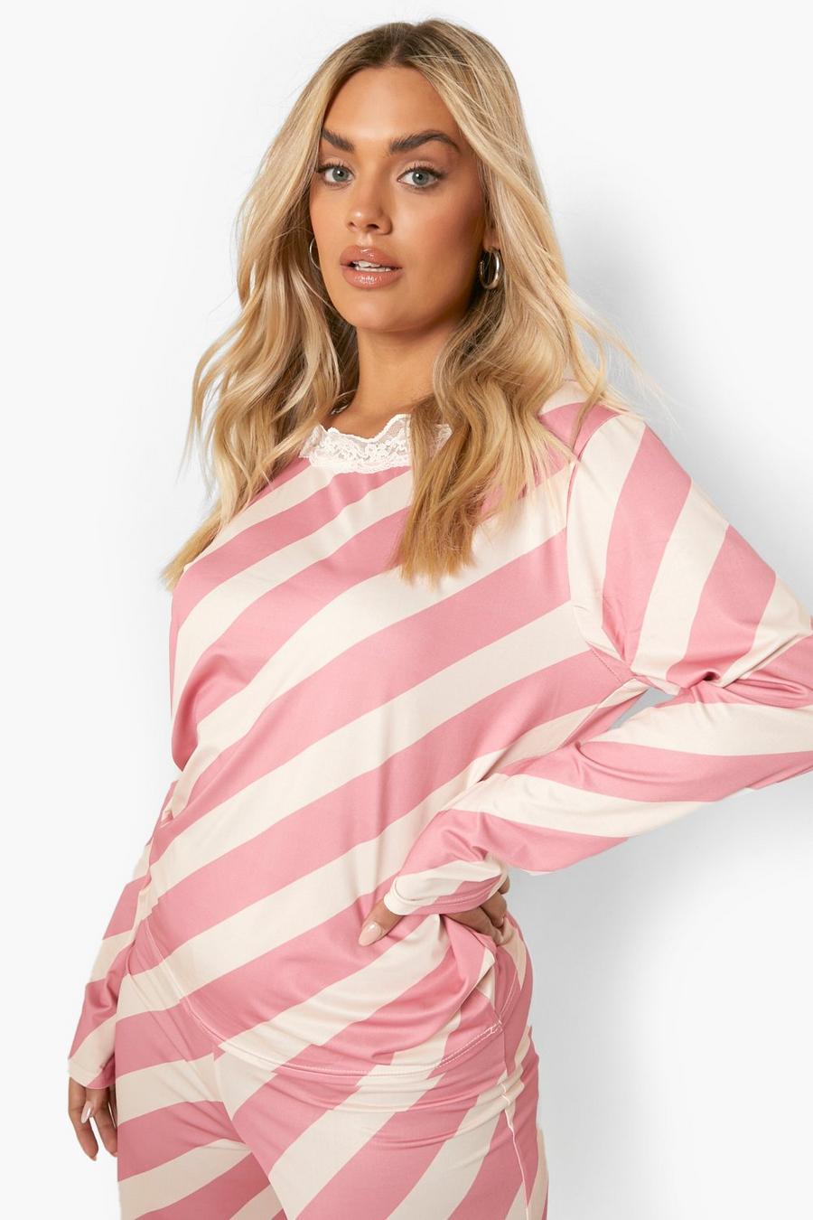Plus langärmliges gestreiftes Pyjama-Set, Pink image number 1