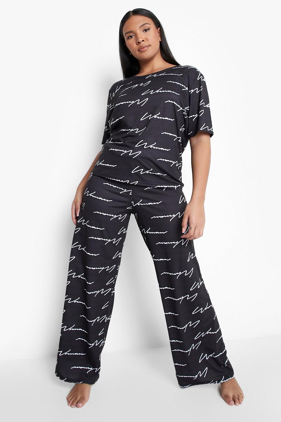 Black Plus Woman Script Long Pajama Set image number 1