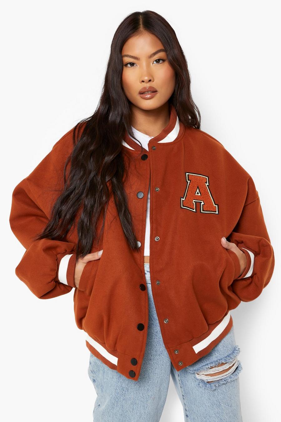 Chocolate Petite Patch Letter Oversized Varsity Jacket image number 1