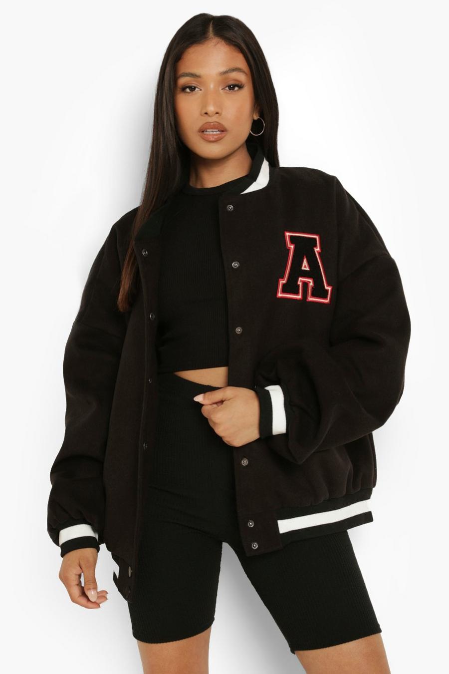 Black Petite Oversized Varsity Jas Met Letter Patches image number 1