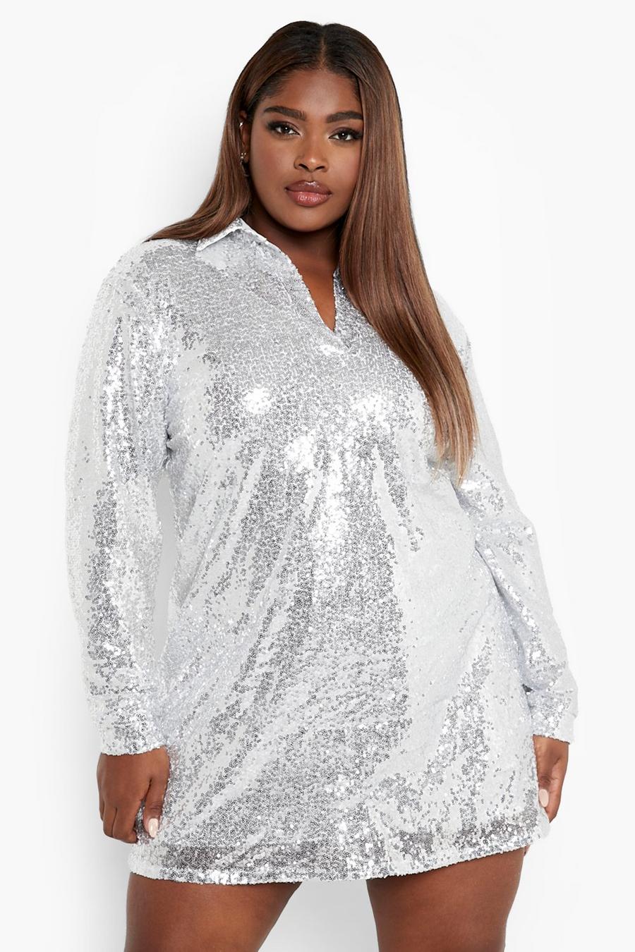 Silver Plus Sequin Collar Shirt Dress image number 1