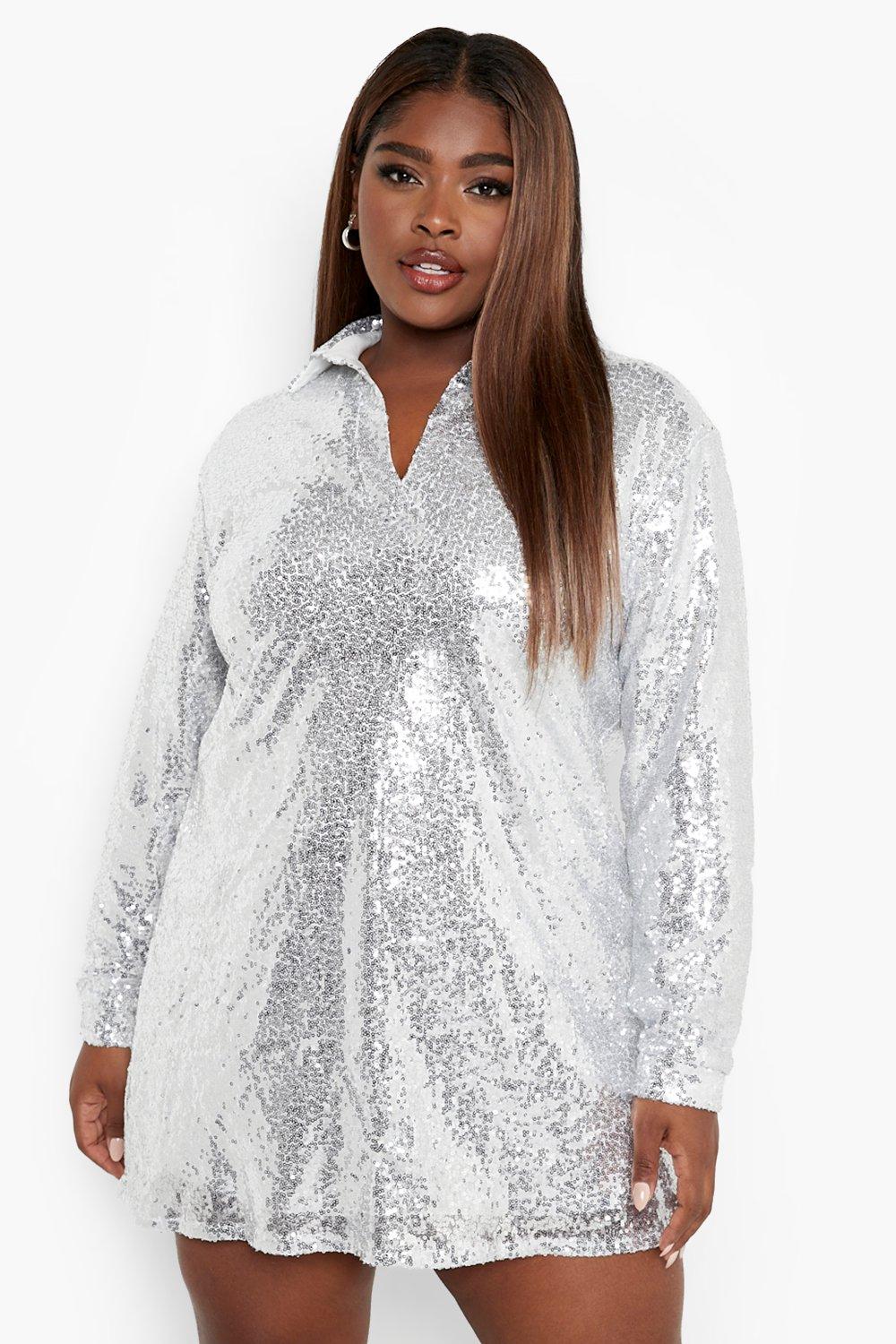 Plus Sequin Collar Shirt Dress