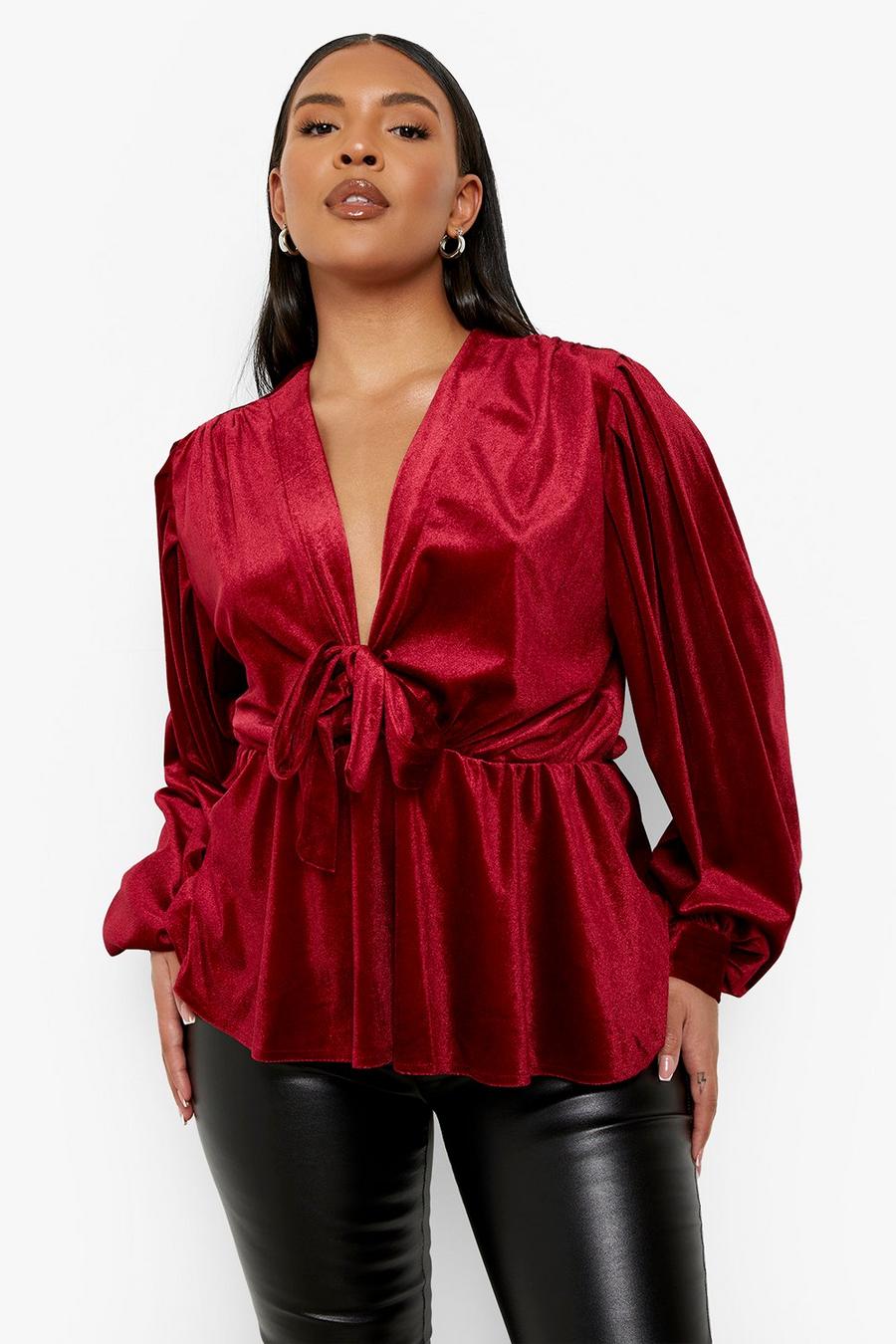 Grande taille - Top velours à manches bouffantes, Berry red