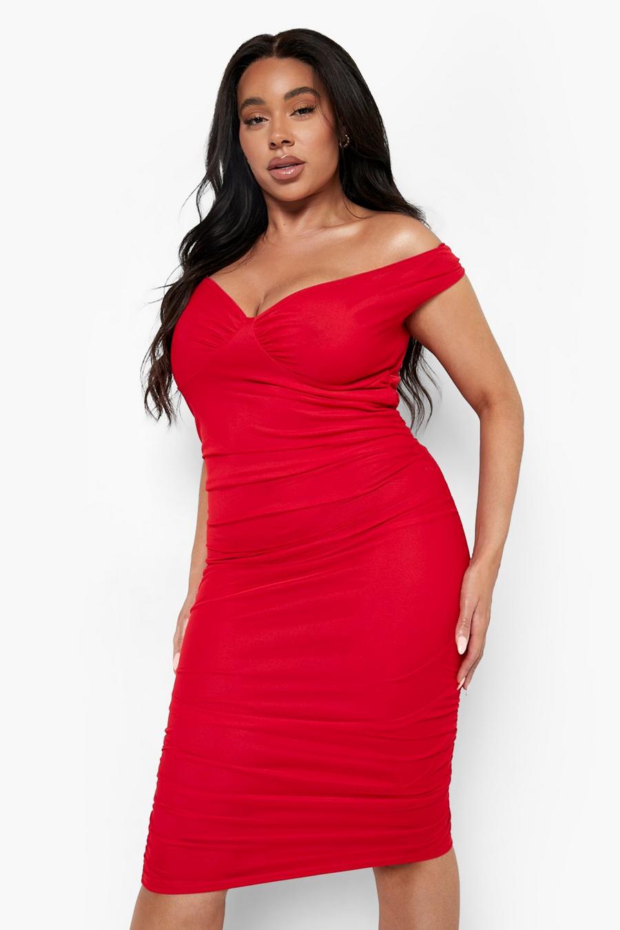 Red Plus Mesh Overlay Off The Shoulder Midi Dress image number 1