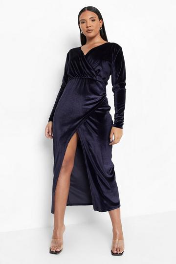 Plus Velvet Wrap Midaxi Dress navy