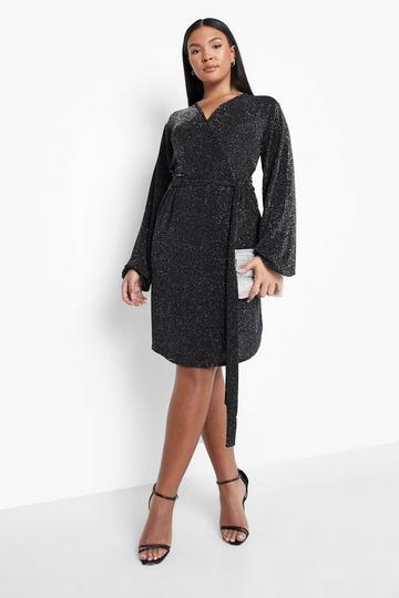 Plus Metallic Wrap Belted Dress black