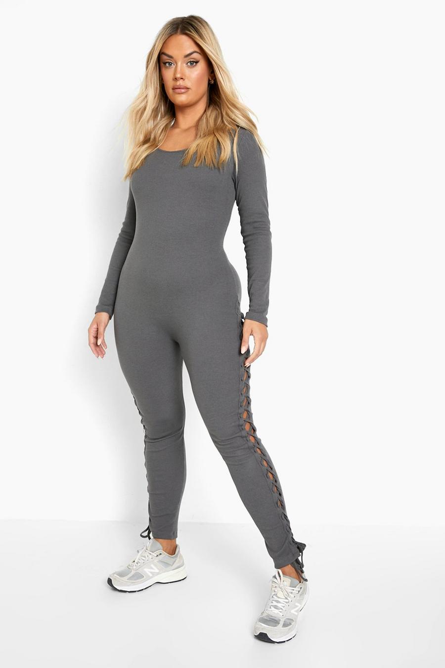 Charcoal grey Plus Rib Long Sleeve Lace Up Jumpsuit