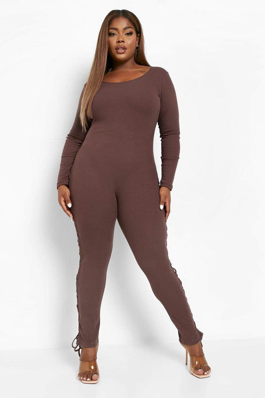 Chocolate brown Plus Rib Long Sleeve Lace Up Jumpsuit