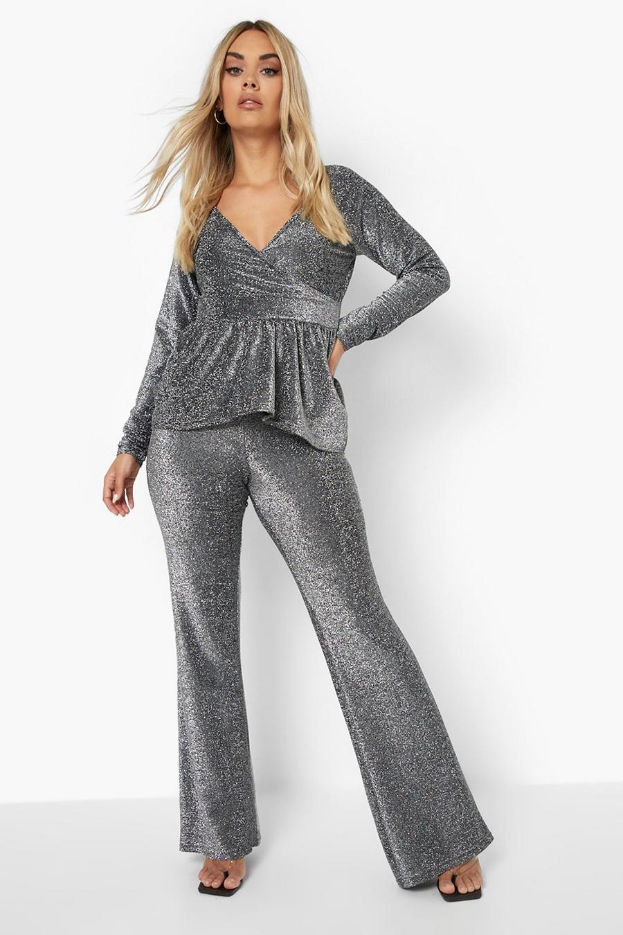 Silver argent Plus Shimmer Wrap Peplum Co-ord