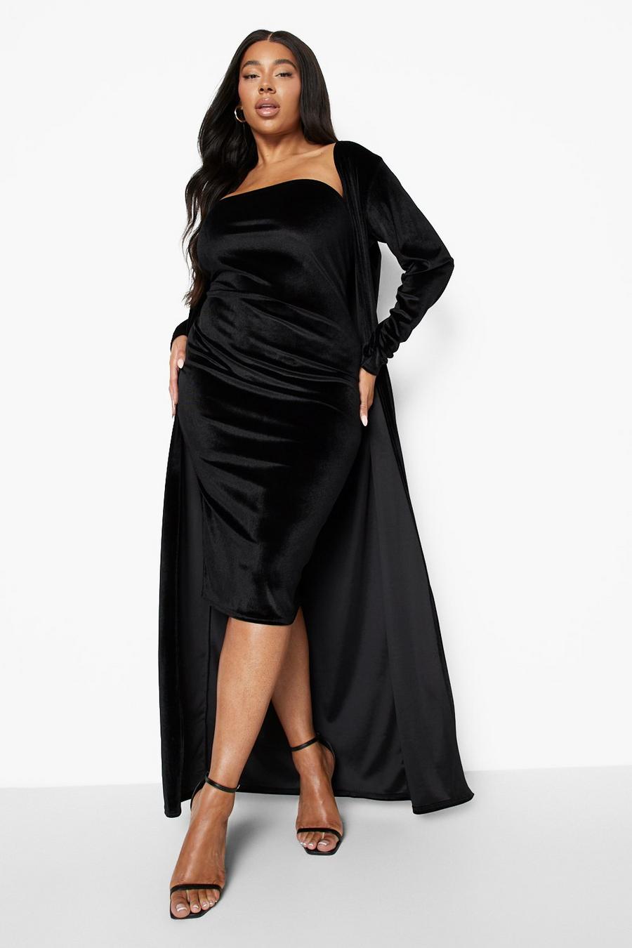 Plus Bandeau-Kleid aus Samt und Duster-Mantel, Black image number 1