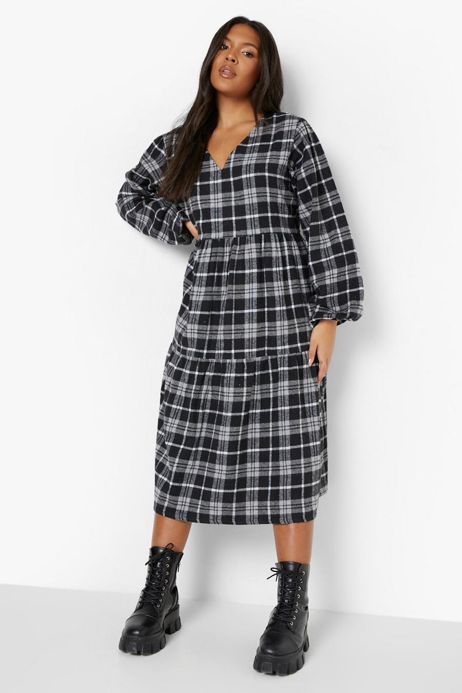 Black Plus Check Midi Smock Dress image number 1