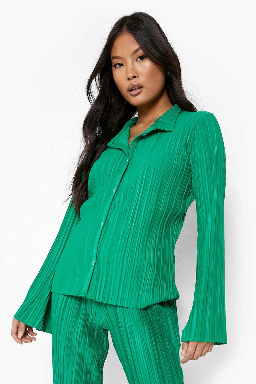 Green Petite Plisserad skjorta med utsvängd ärm image number 1