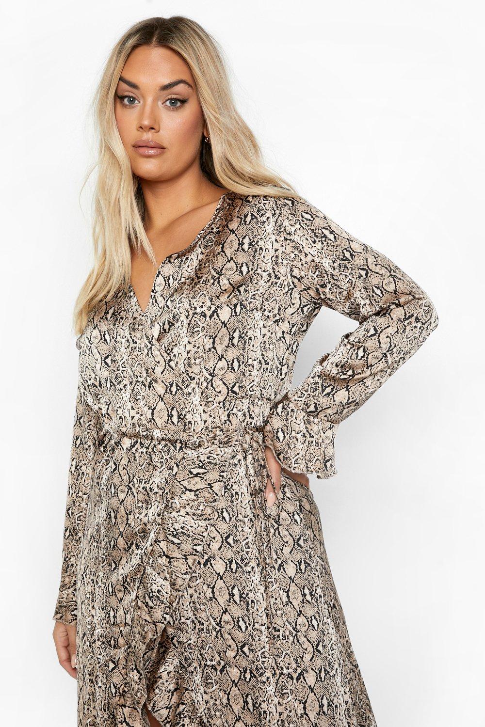 Plus Snake Ruffle Wrap Dress