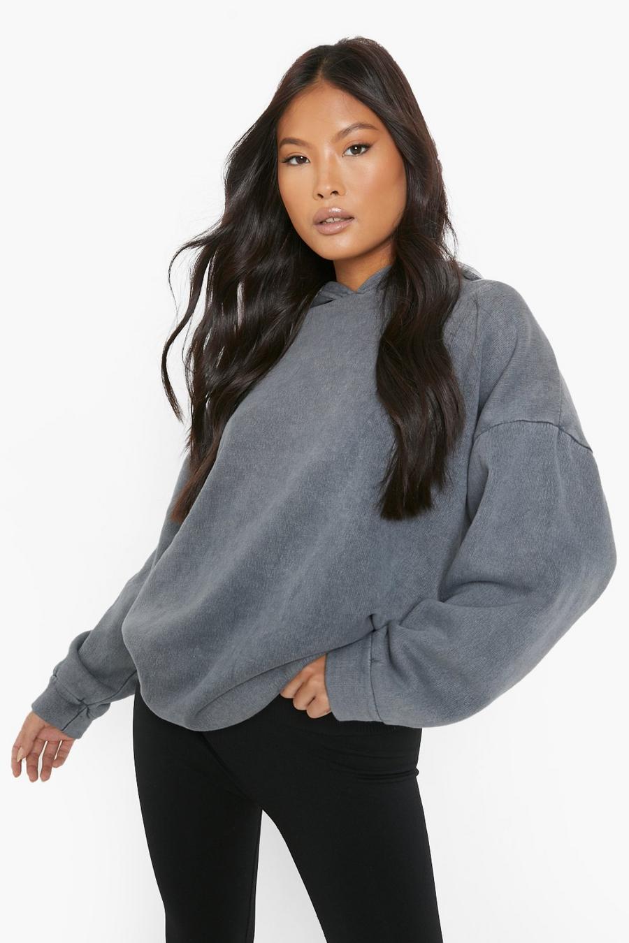 Petite Oversize Hoodie mit Acid-Waschung, Charcoal gris