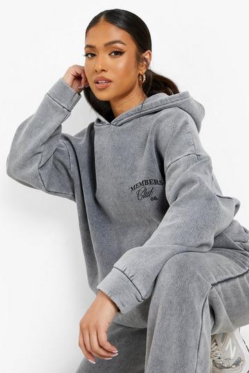 Petite Acid Wash Slogan Print Hoody Tracksuit charcoal