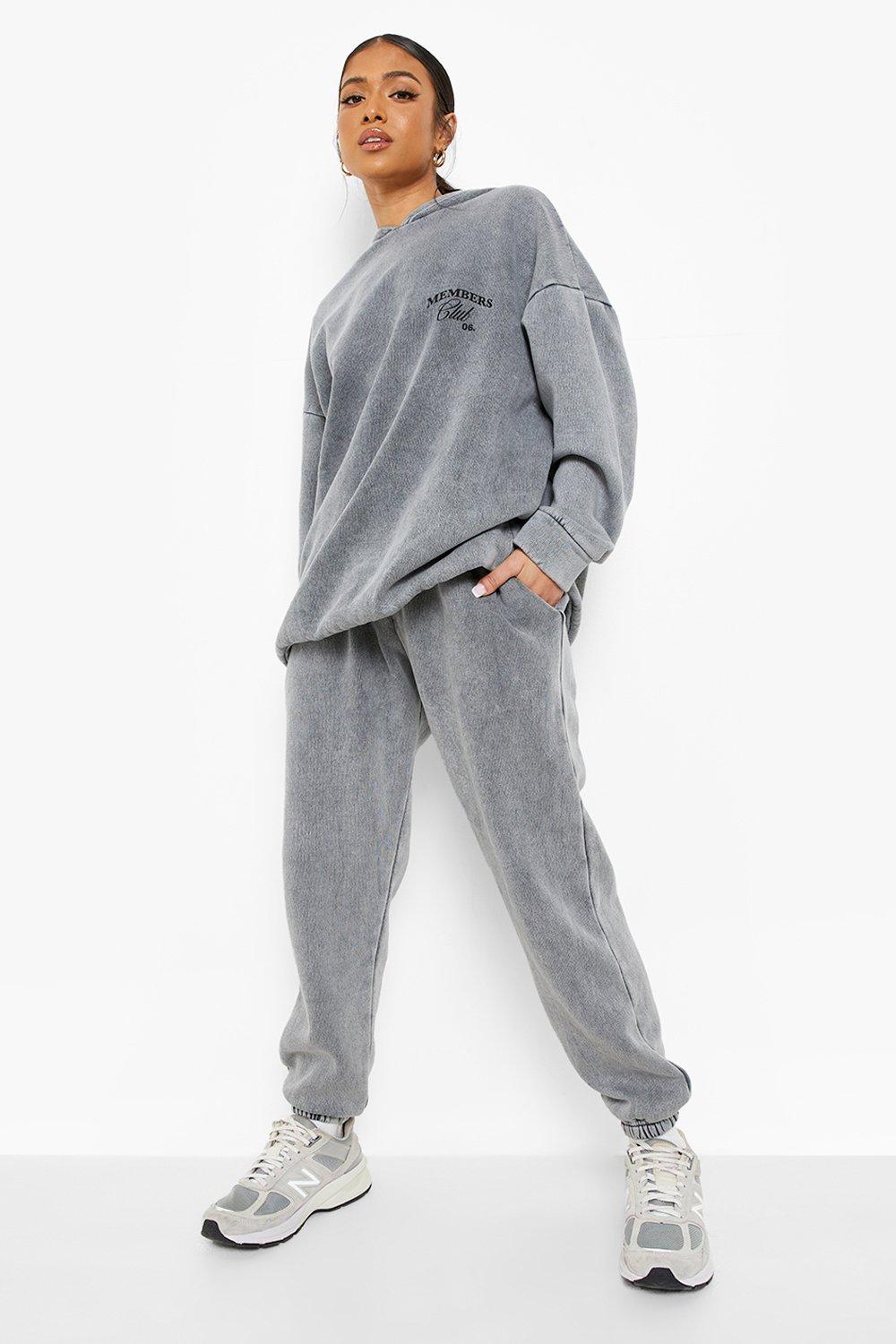 Women's Petite Acid Wash Slogan Print Hoody Tracksuit | Boohoo UK