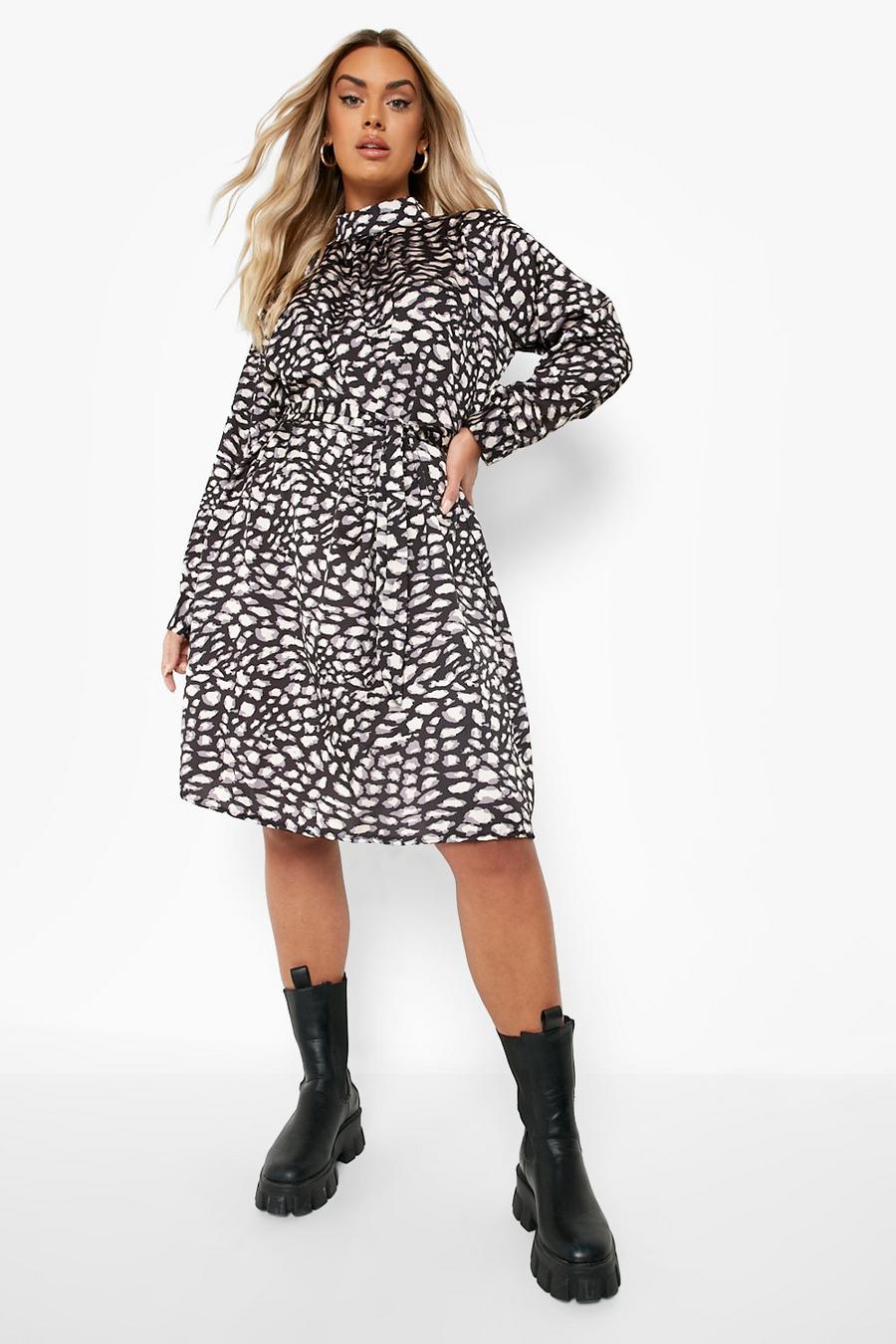 Black Plus Satin Leopard Print Belted Shift Dress image number 1