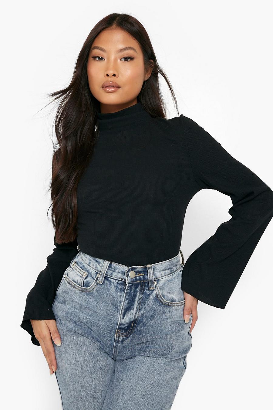 Black Petite Flare Sleeve Roll Neck Top image number 1