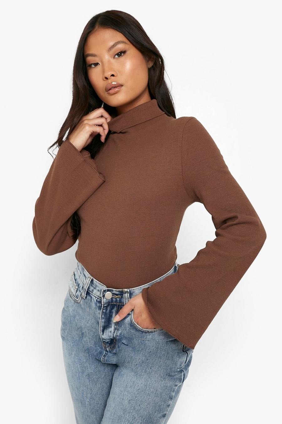 Chocolate brown Petite Recycled Flare Sleeve Turtleneck Top
