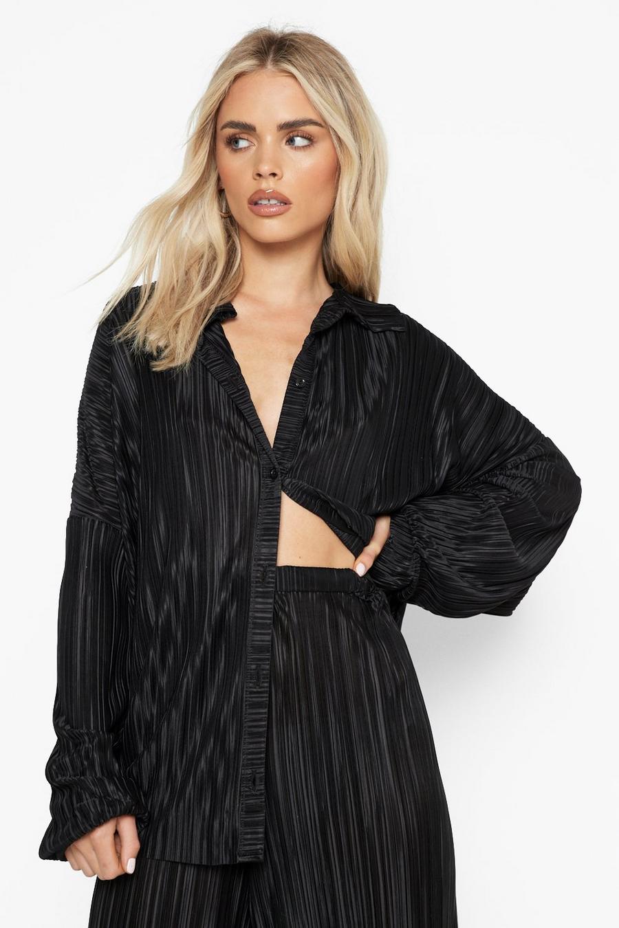 Black Petite Plisse Oversized Relaxed Fit Shirt image number 1