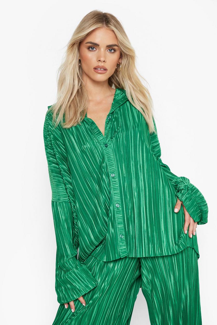 Green Petite Plisse Oversized Relaxed Fit Shirt image number 1