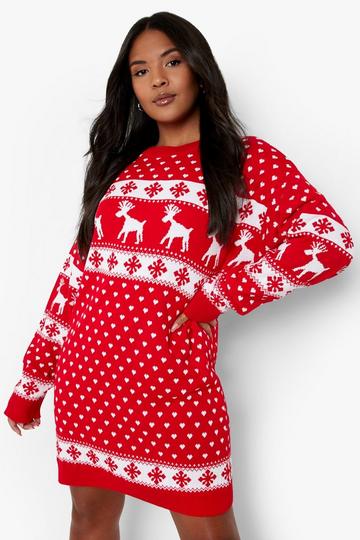 Red Plus Reindeer Christmas Sweater Dress