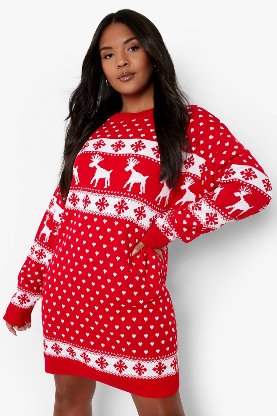 Vestito in maglia natalizio Plus Size con renne, Red