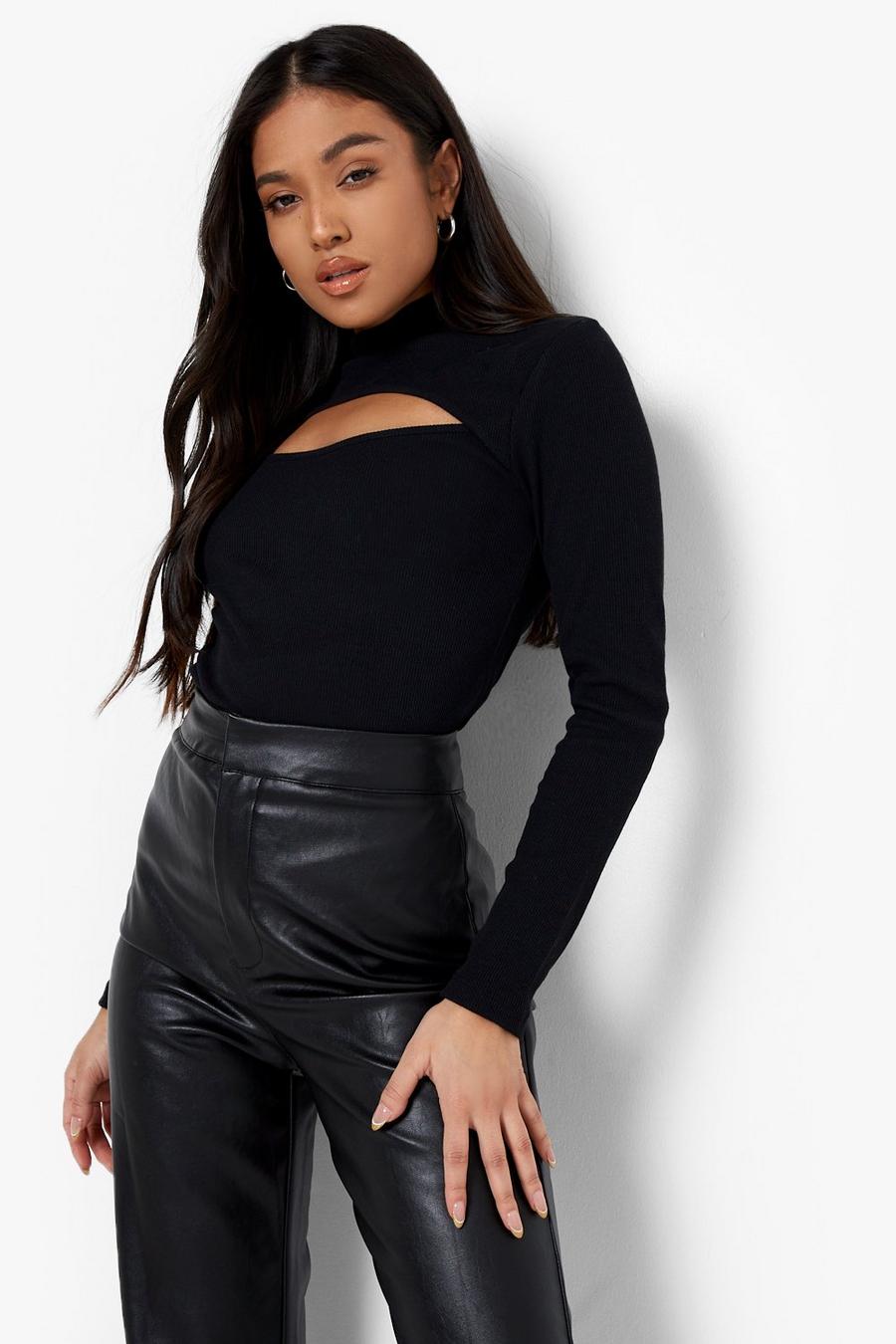 Black Petite Cut Out Roll Neck Top image number 1