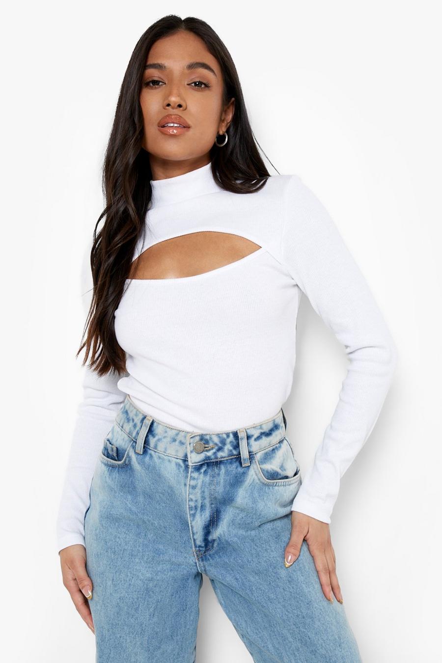 White Petite Cut Out Roll Neck Top image number 1