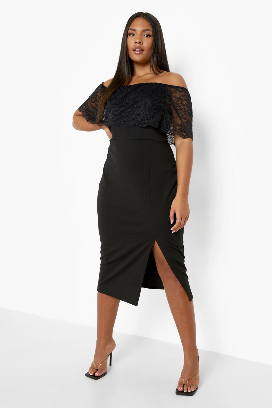 Black Plus Lace Off Shoulder Split Midi Dress image number 1