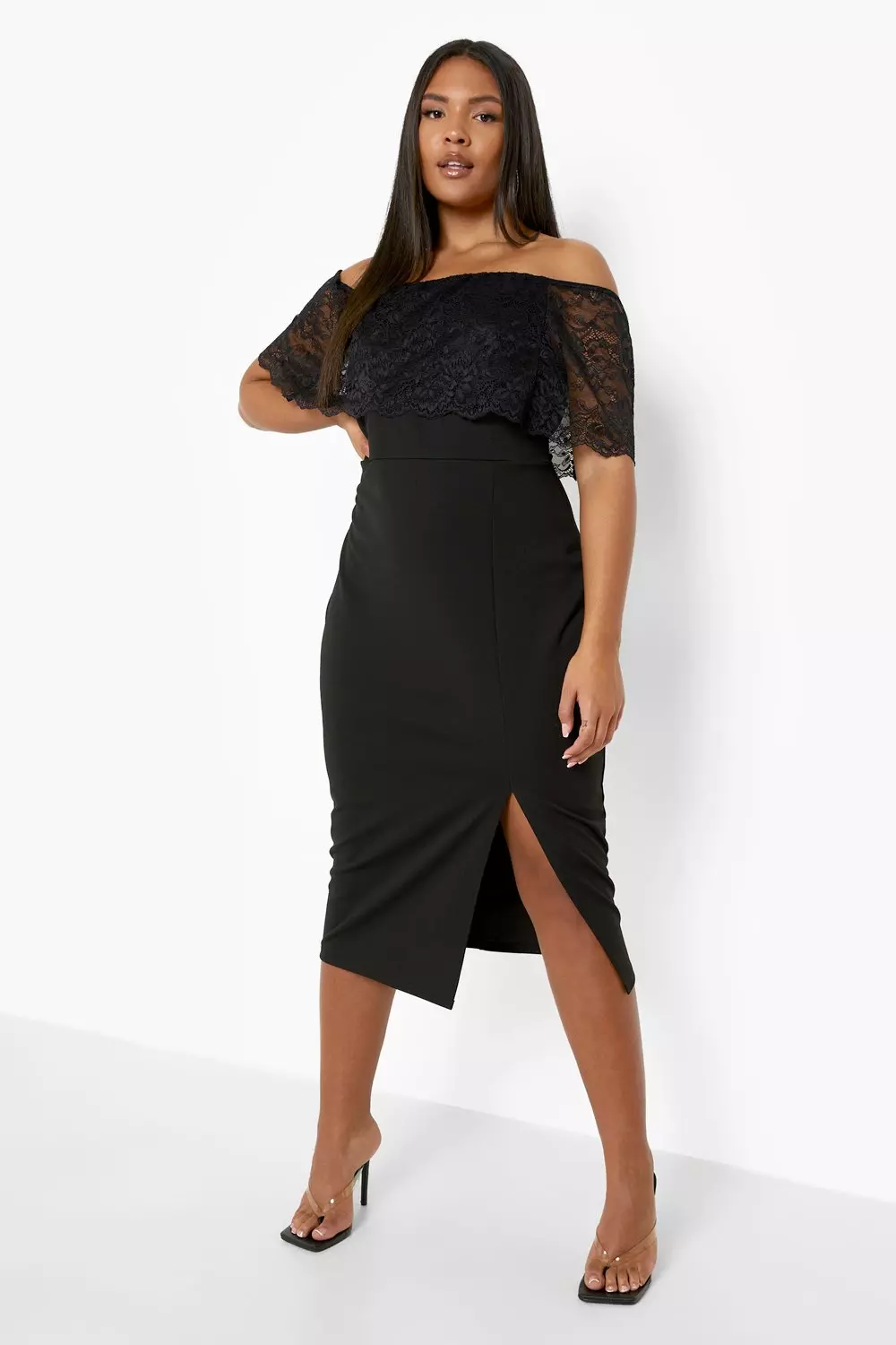 Black lace off the 2024 shoulder plus size dress