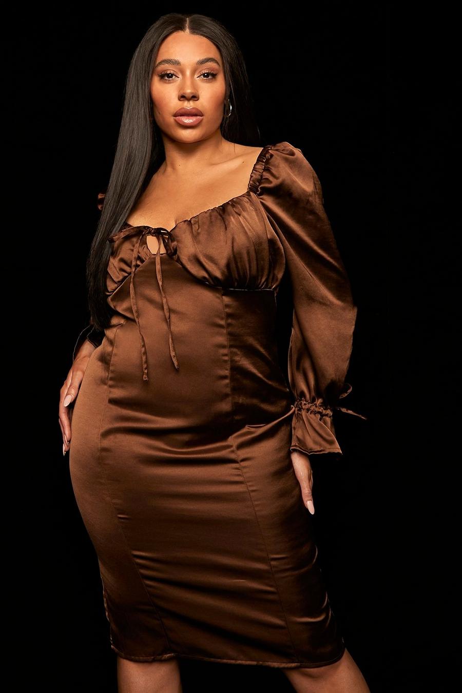 Grande taille - Robe satinée à manches bouffantes, Chocolate image number 1