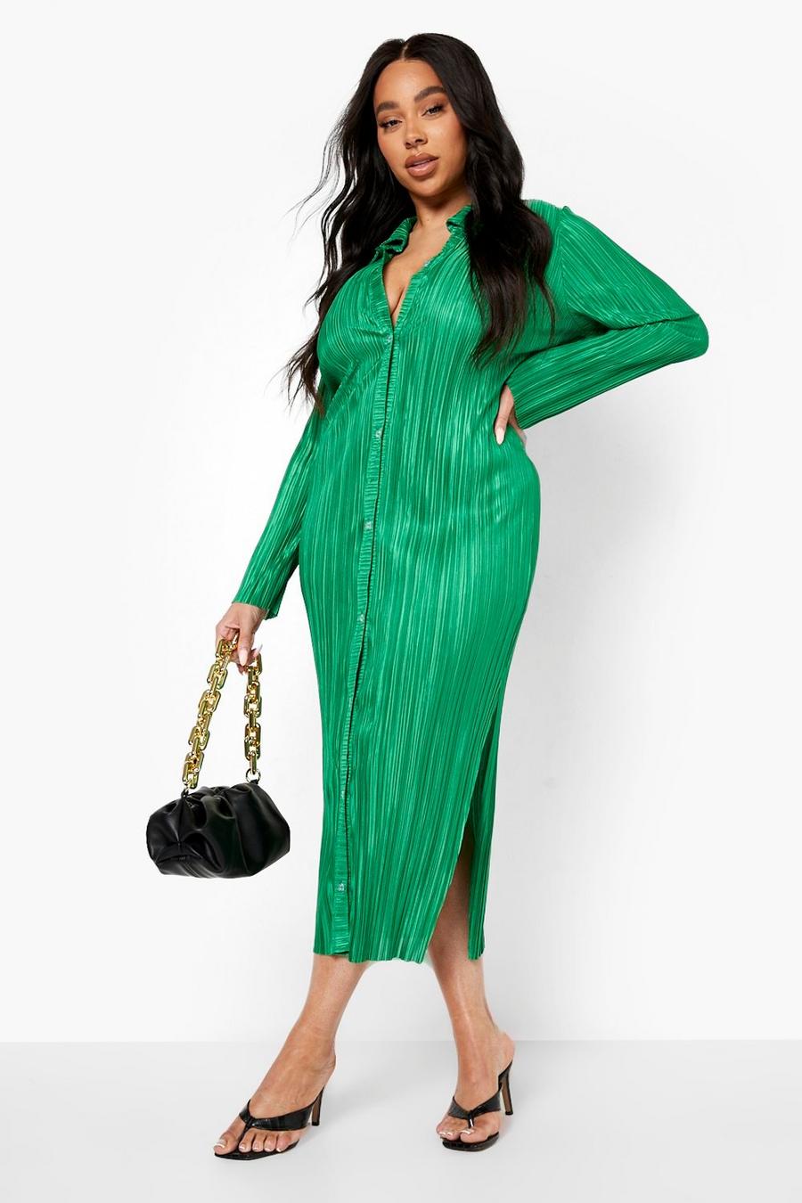 Green grön Plus - Plisserad midaxiklänning med skjortkrage