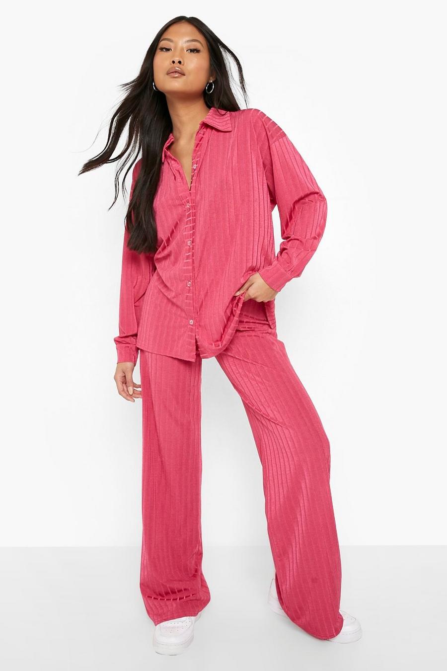 Hot pink Petite Slinky Rib Relaxed Wide Leg Trouser image number 1