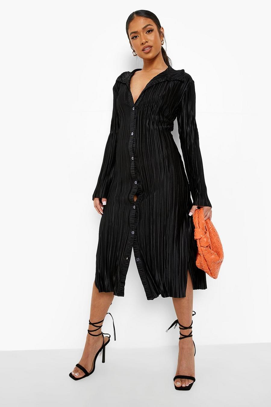 Black Petite Plisse Midi Shirt Dress image number 1