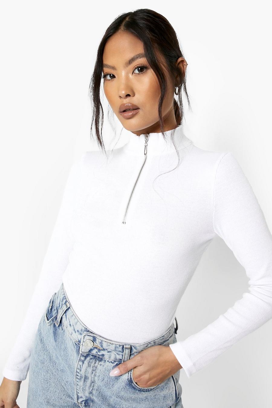 White Petite Zip Front High Neck Top image number 1