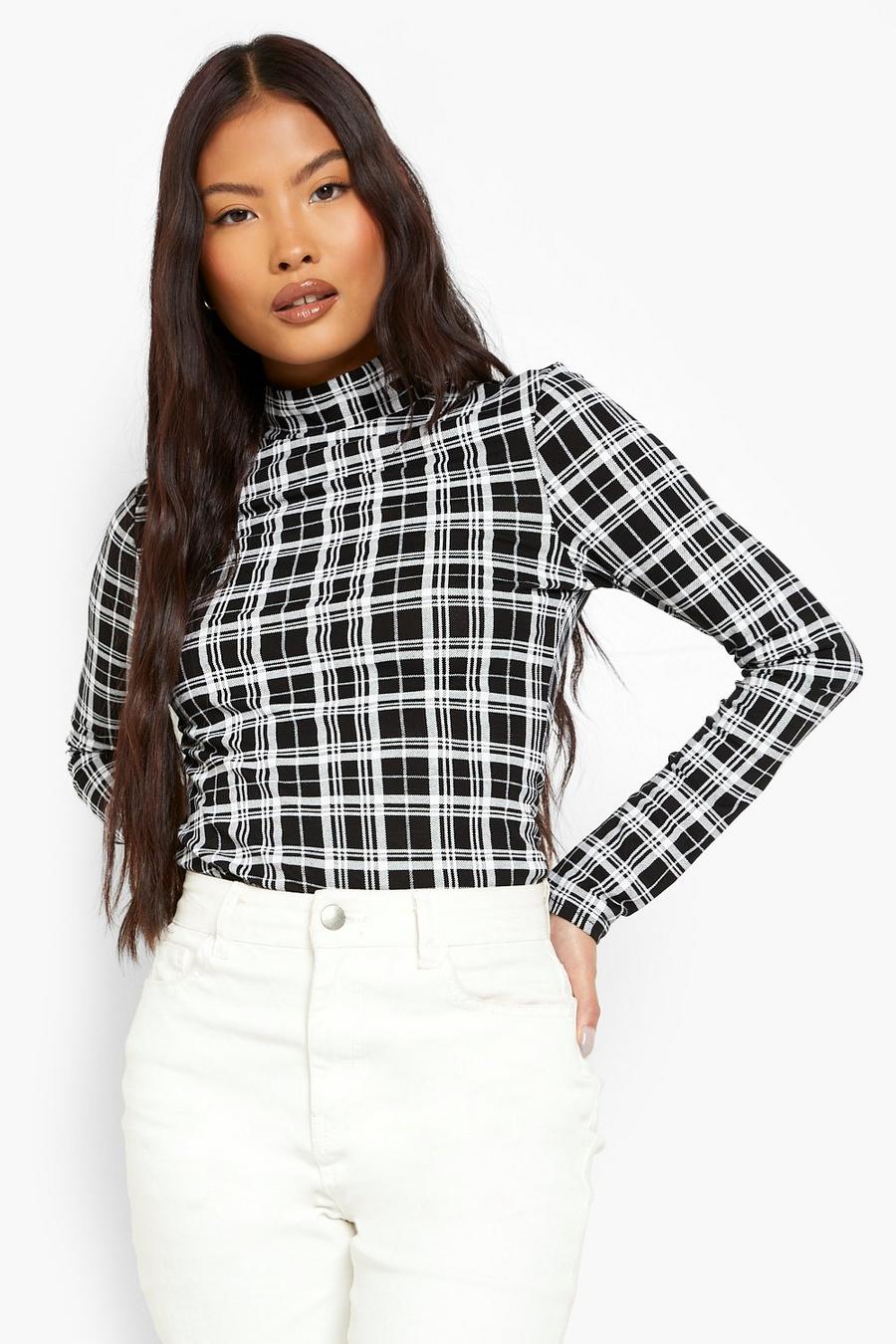 Black Petite Check Print High Neck Long Sleeve Top image number 1