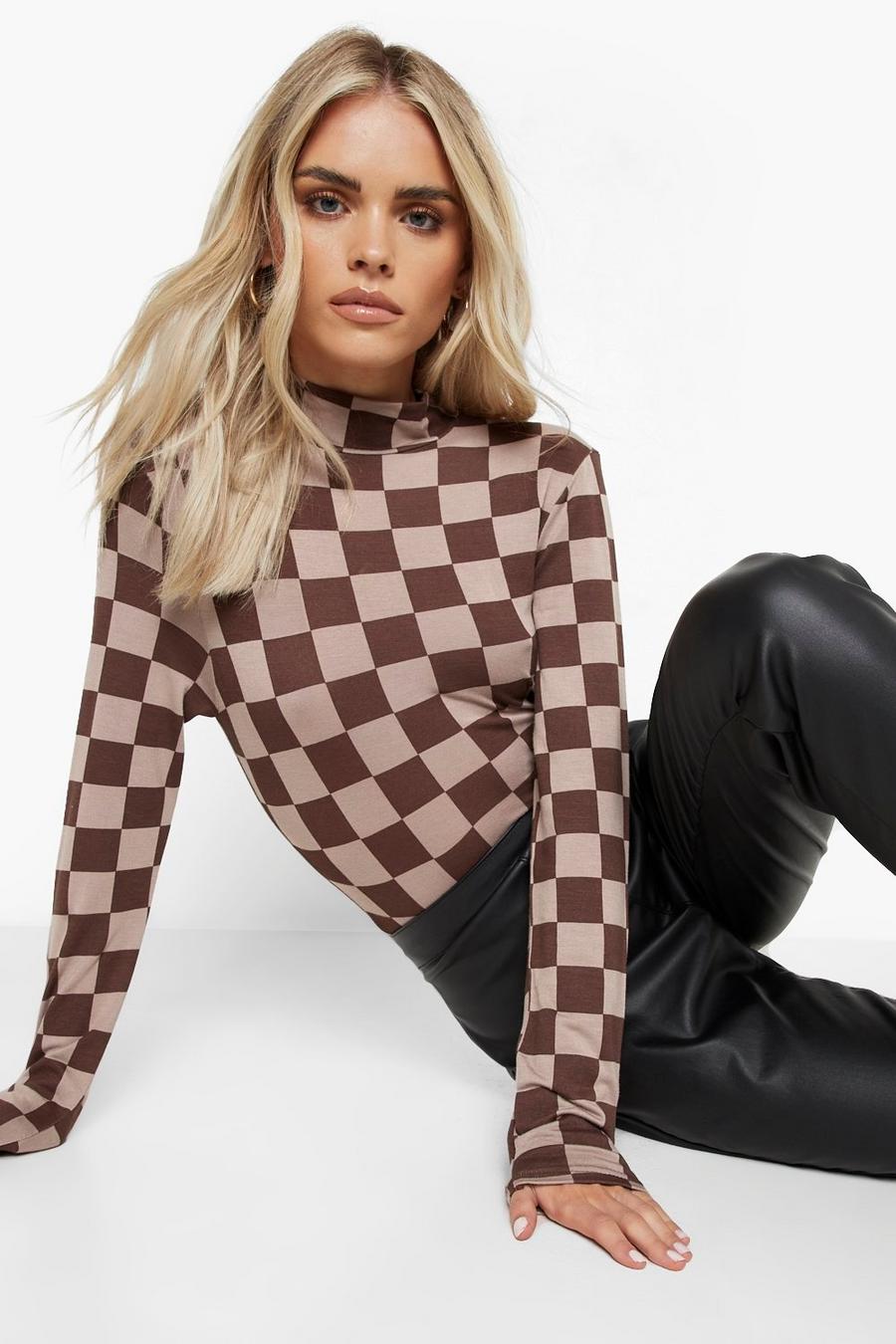 Chocolate Petite Checkerboard High Neck Long Sleeve Top image number 1