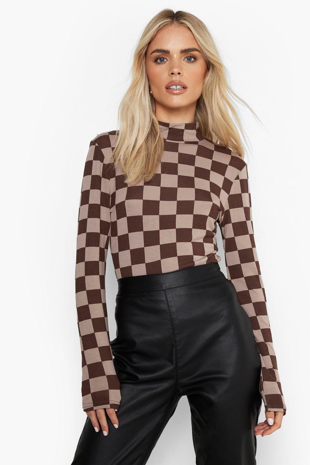 Checkerboard long cheap sleeve top