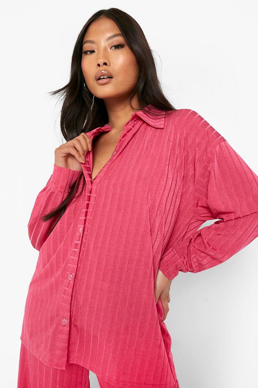 Hot pink Petite Slinky Rib Relaxed Oversized Shirt image number 1