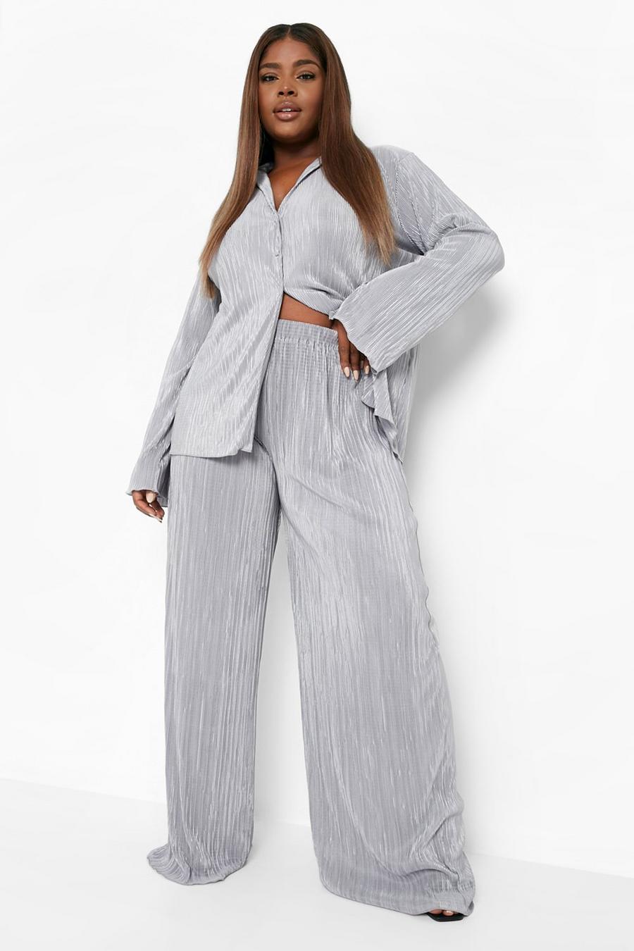Silver Plus Plisse Shirt And Wide Leg Pants Co-Ord image number 1