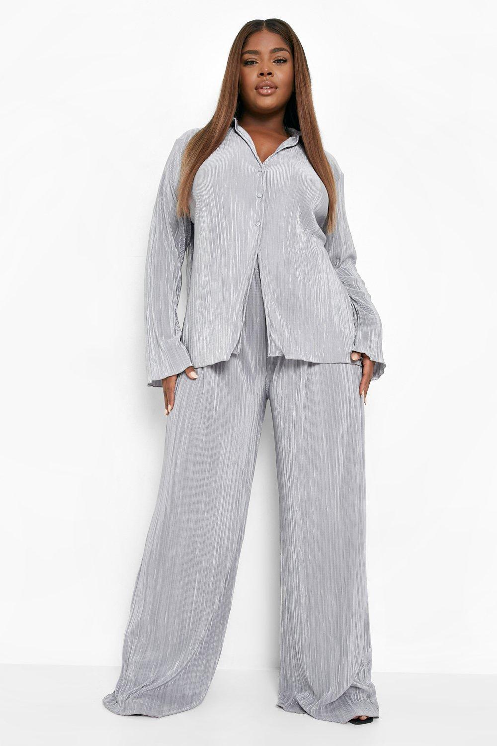 Plus Plisse Shirt And Wide Leg Pants Two-Piece