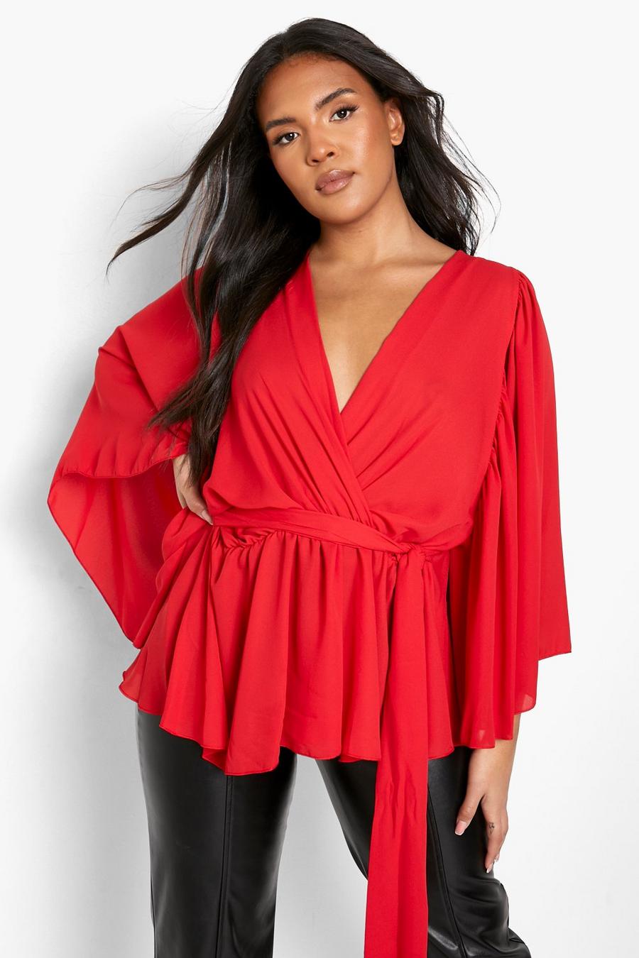 Blusa Plus Size a incrocio con maniche a pipistrello e volant, Red rojo