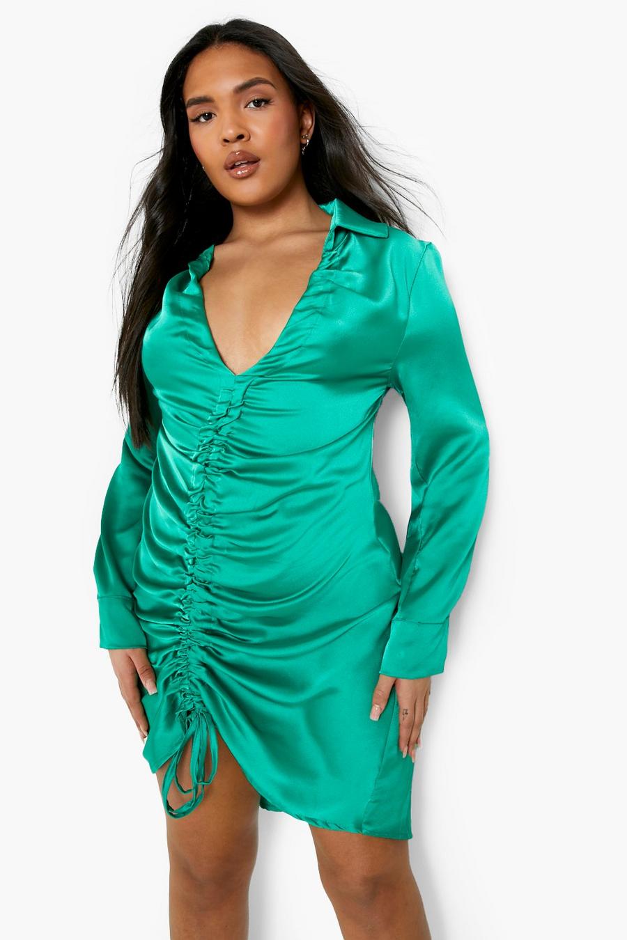 ירוק שמלת סאטן מיני עם צווארון וי וכיווצים בחזית, מידות גדולות image number 1