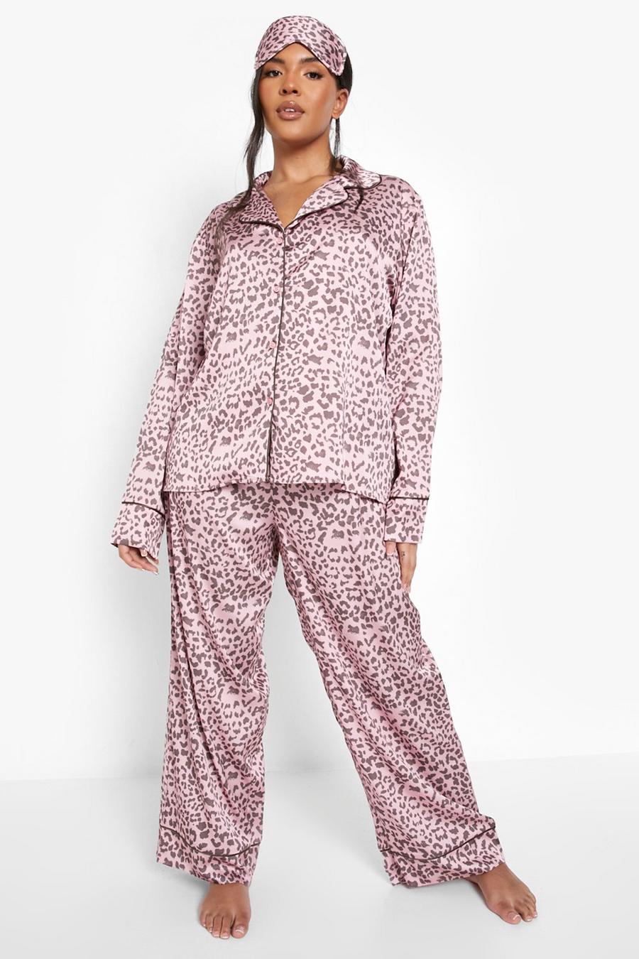 Set pigiama Plus Size in 4 pezzi in raso con stampa leopardata, Mauve image number 1