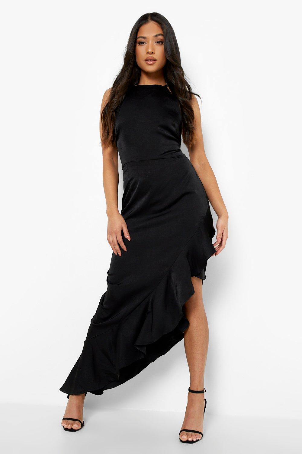 Petite Satin Asymmetric Ruffle Hem Midi Dress