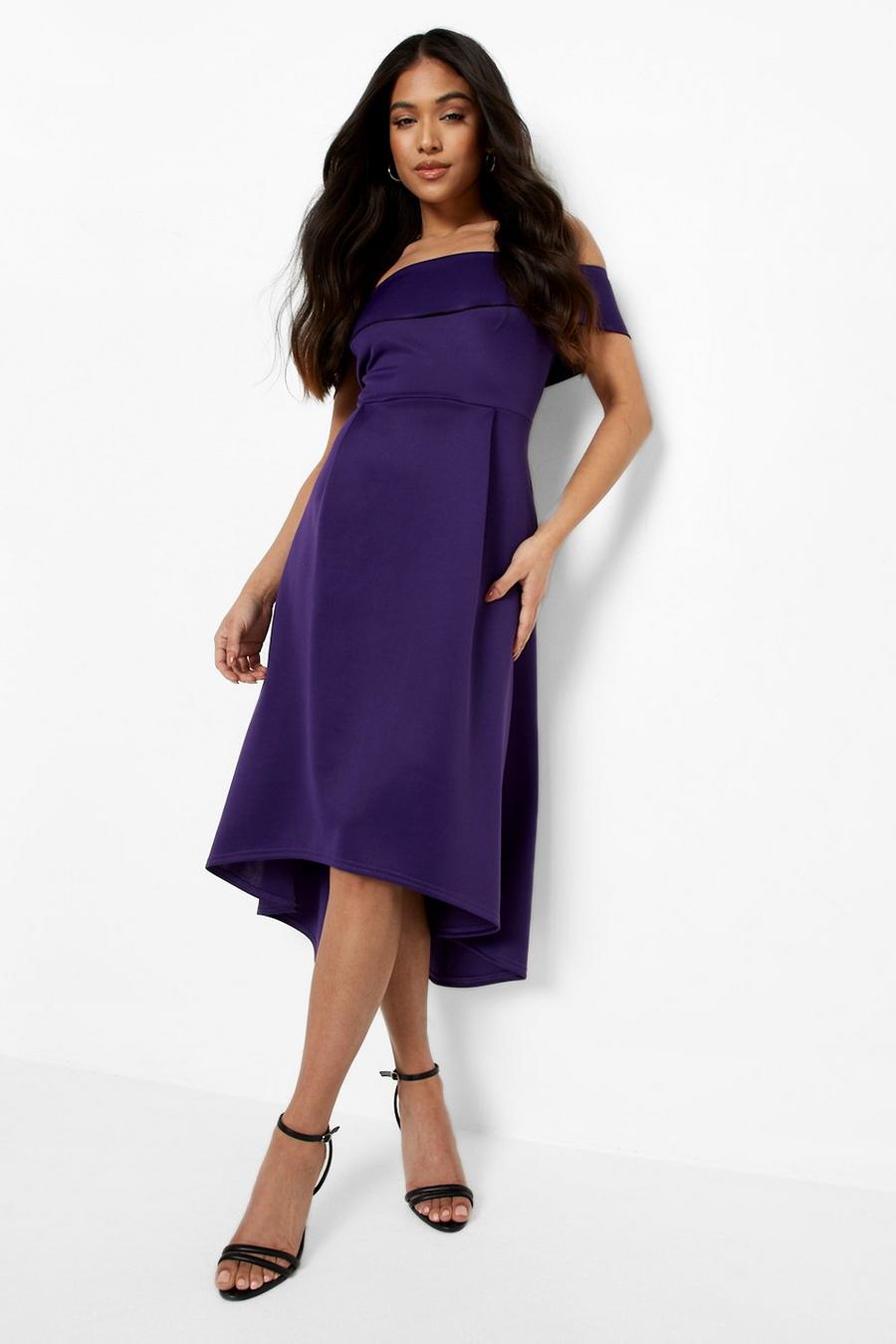 Plum purple Petite Off The Shoulder Dip Hem Scuba Midaxi Dress