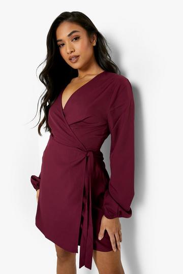 Petite Woven Puff Sleeve Belted Wrap Dress berry