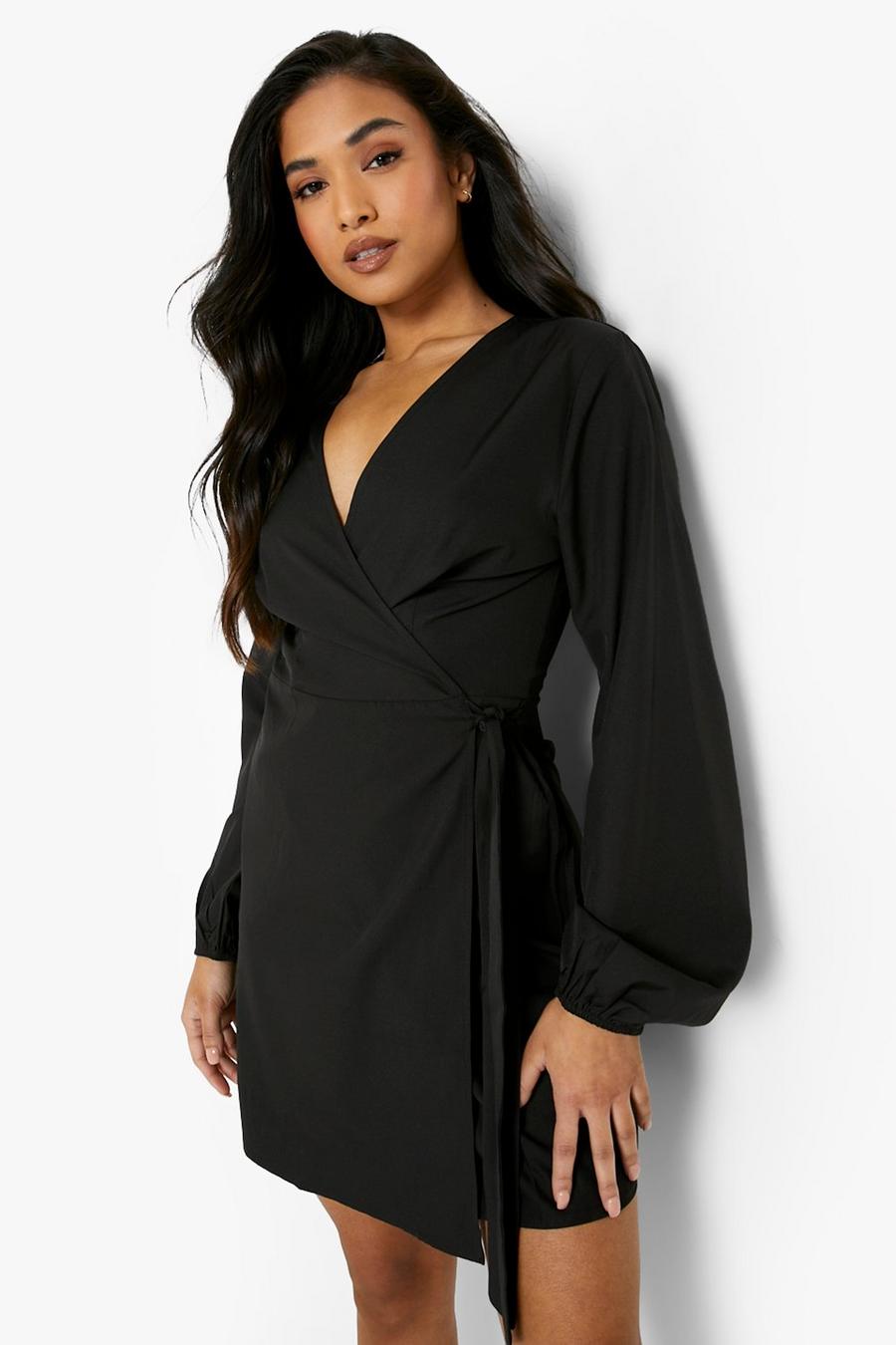Black Petite Woven Puff Sleeve Belted Wrap Dress image number 1
